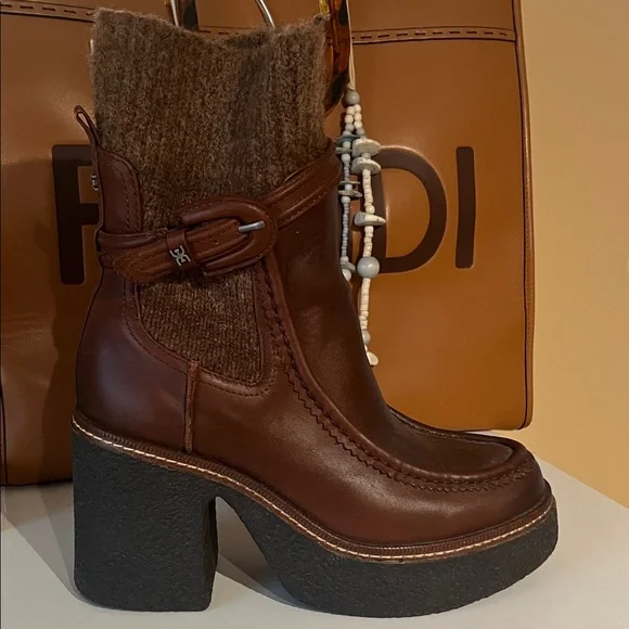 Sam Edelman Brown Heeled Boots with Knit Detail - Picture 2 of 6